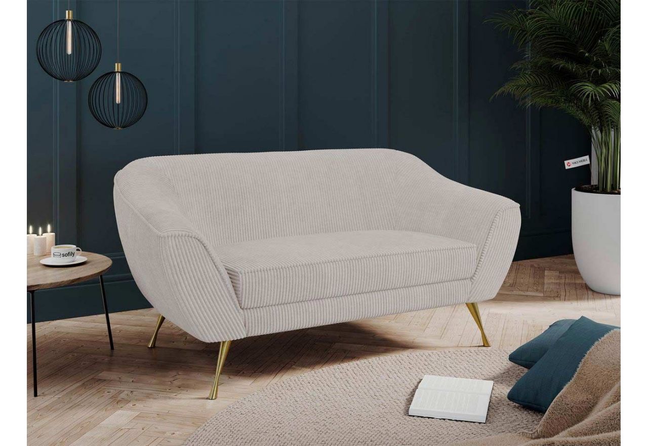 Sztruksowa sofa dwuosobowa w białej tapicerce, LINO 02 ze sprężynowym siedziskiem i metalowymi nogami