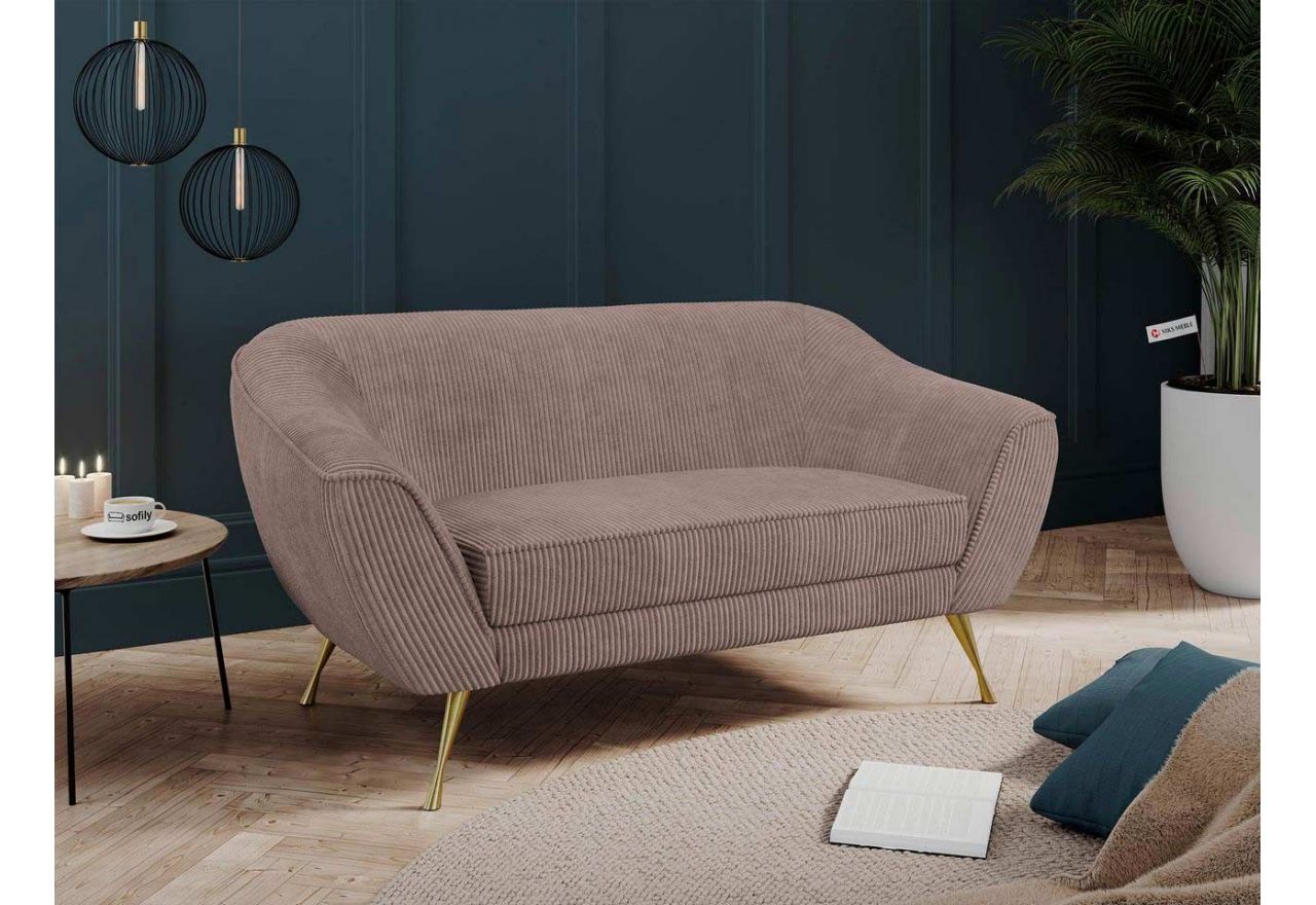 Wygodna sofa dwuosobowa ze sprężynowym siedziskiem i szerokimi podłokietnikami LINO 02 ze sztruksową, różową tapicerką