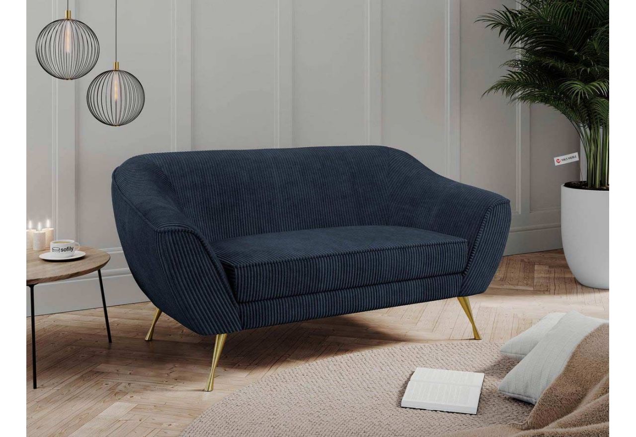 Granatowa sofa sztruksowa do salonu lub biura, LINO 02 z szerokimi podłokietnikami i metalowymi nogami