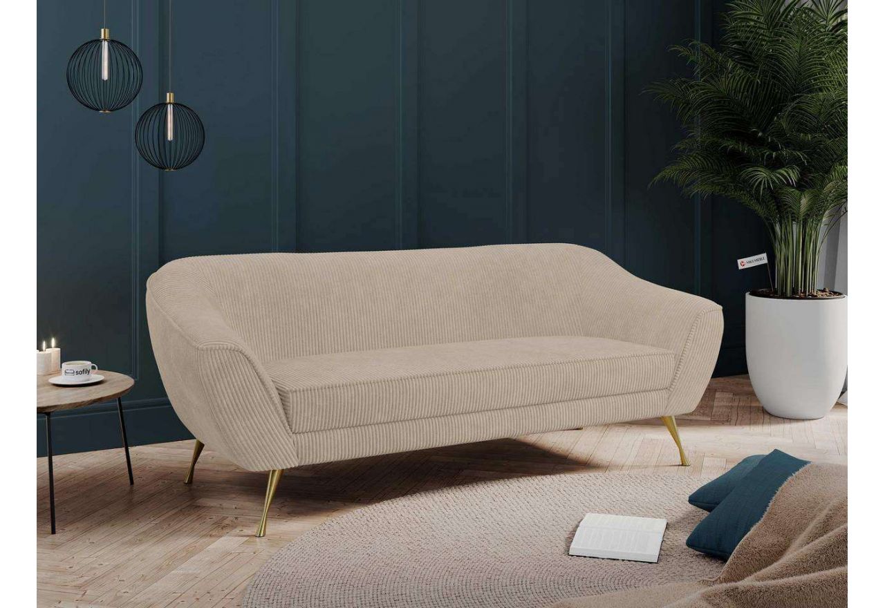 Stylowa kanapa wolnostojąca, w beżowej tapicerce sztruksowej i ze złotymi nogami, LINO 03