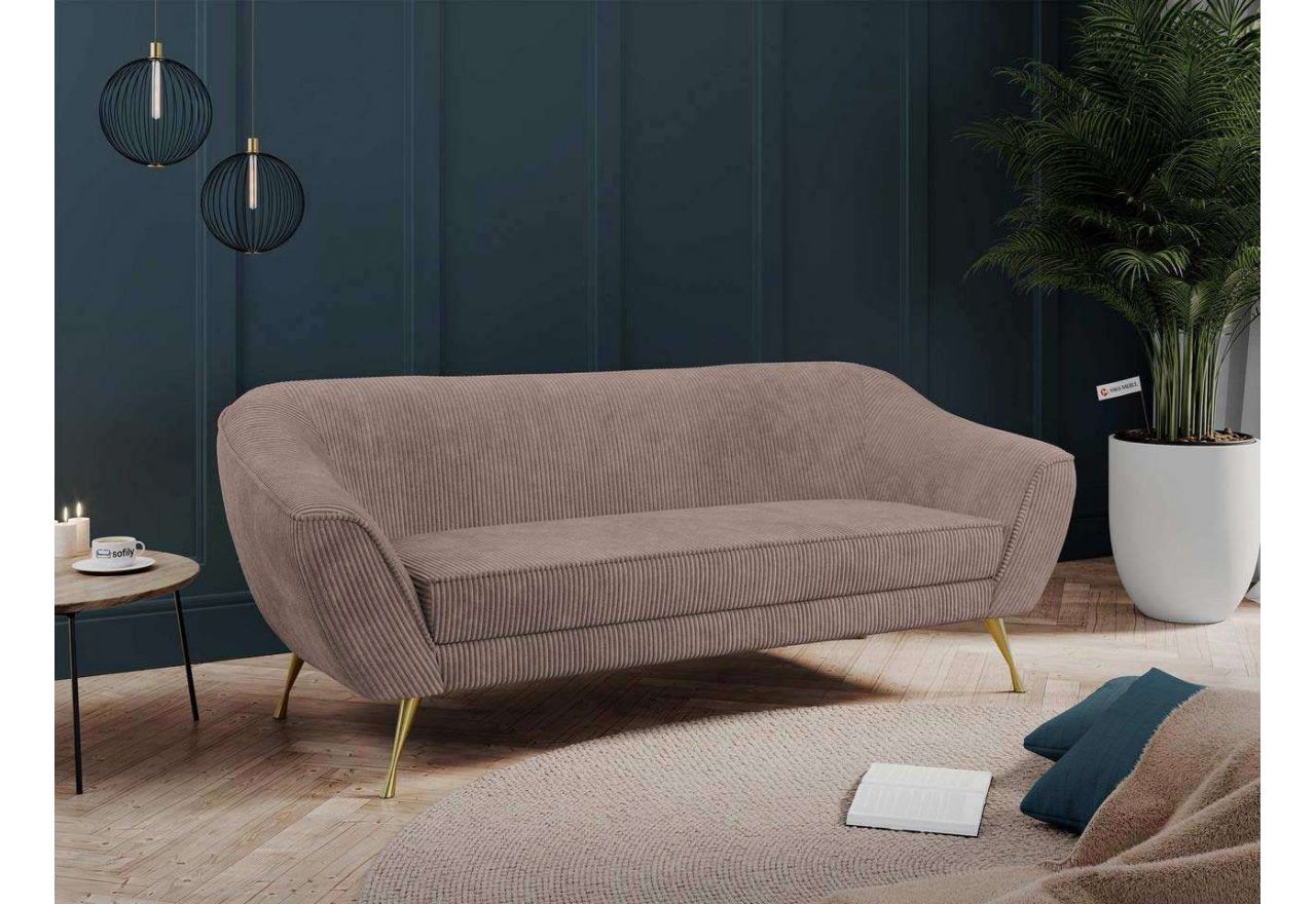 Trzyosobowa sofa w różowej, sztruksowej tapicerce i ze złotymi, metalowymi nogami, LINO 03