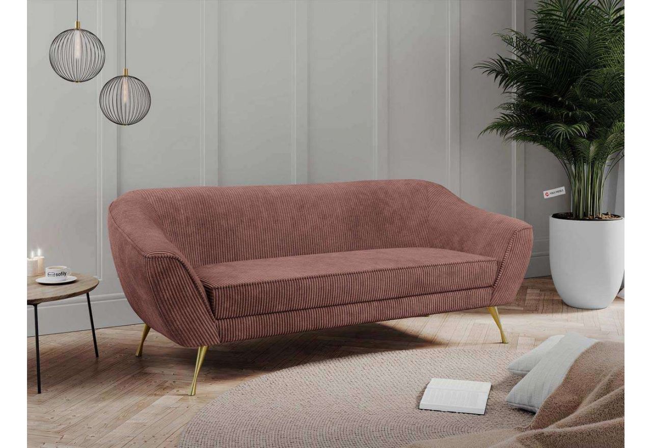 Sztruksowa sofa trzyosobowa ze sprężynowym siedziskiem i szerokimi podłokietnikami, LINO 03 brązowa
