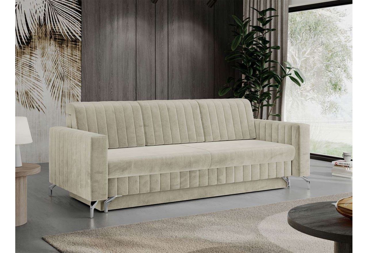 Trzyosobowa sofa rozkładana NADIA ze sprężynowym siedziskiem i obszernym pojemnikiem na pościel, beżowy welwet