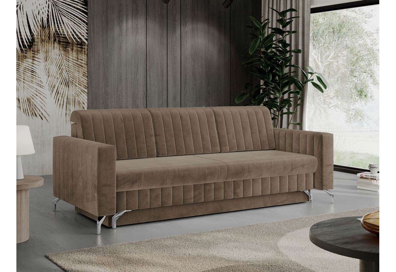 Stylowa kanapa z funkcją spania i pojemnikiem na pościel, NADIA, tapicerowana brązową tkaniną welwetową