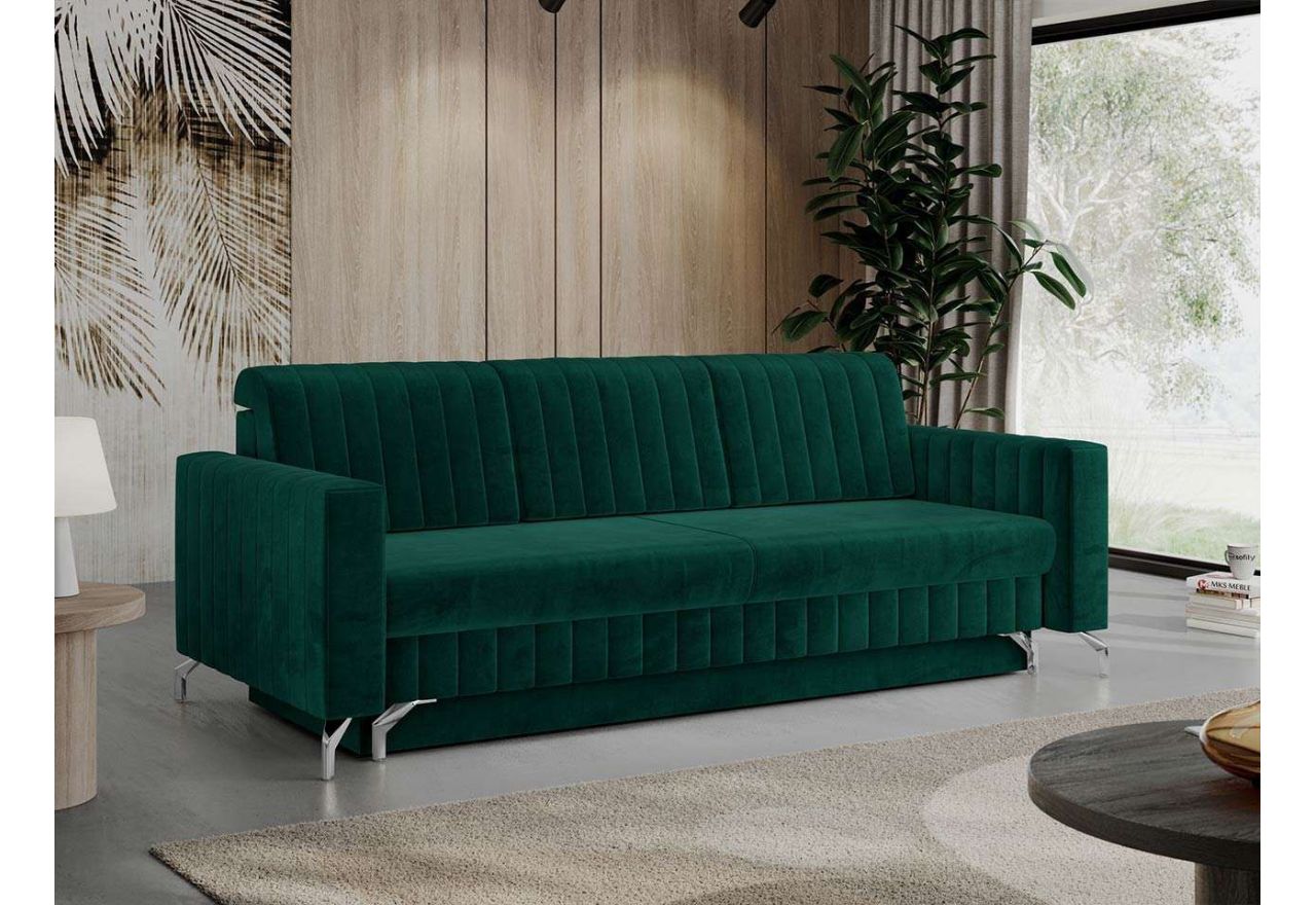 Sprężynowa sofa z funkcją spania i metalowymi nóżkami, NADIA w butelkowozielonej tapicerce welwetowej