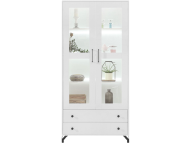 Elegancka przeszklona biała witryna z szufladami i opcją LED - BERGO Biały Lux / Biały połysk