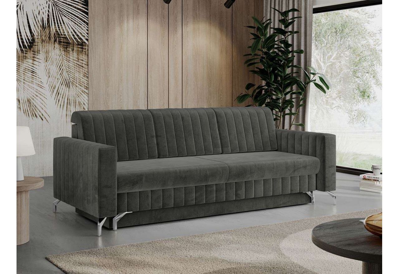 Wygodna szara sofa welwetowa do nowoczesnego salonu, NADIA z funkcją spania i pojemnikiem