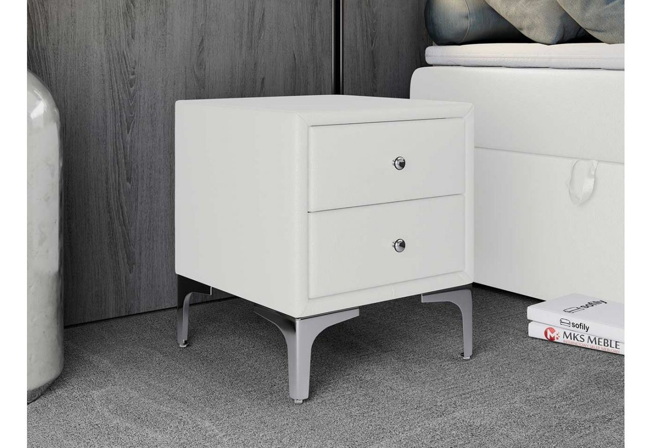 Funkcjonalny stolik nocny 40 cm z szufladami do sypialni, tapicerowany białą ecoskórą, na wysokich, metalowych nogach - FIL