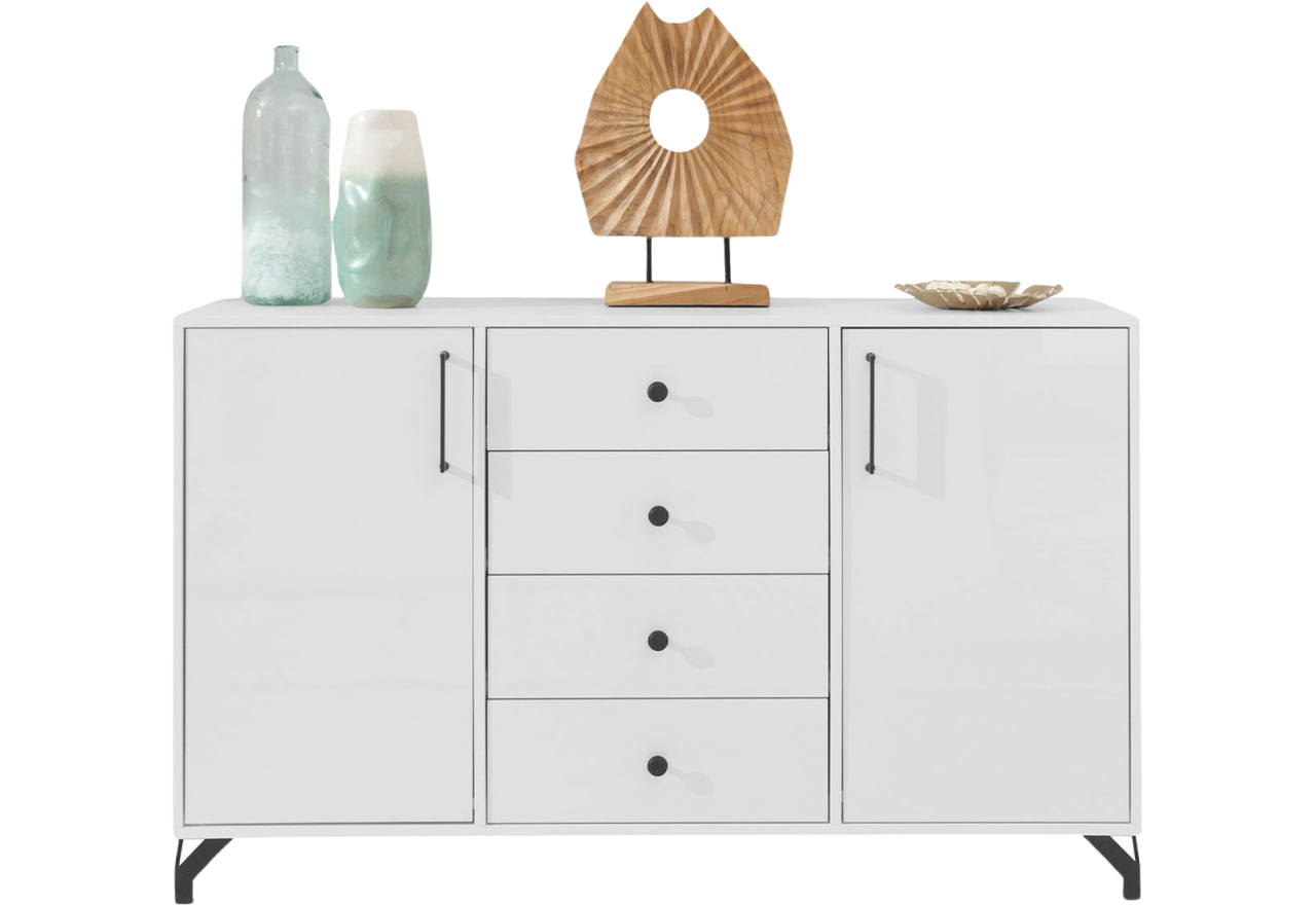 Praktyczna komoda z szufladami i drzwiczkami w białym kolorze - BERGO Biały Lux / Biały połysk