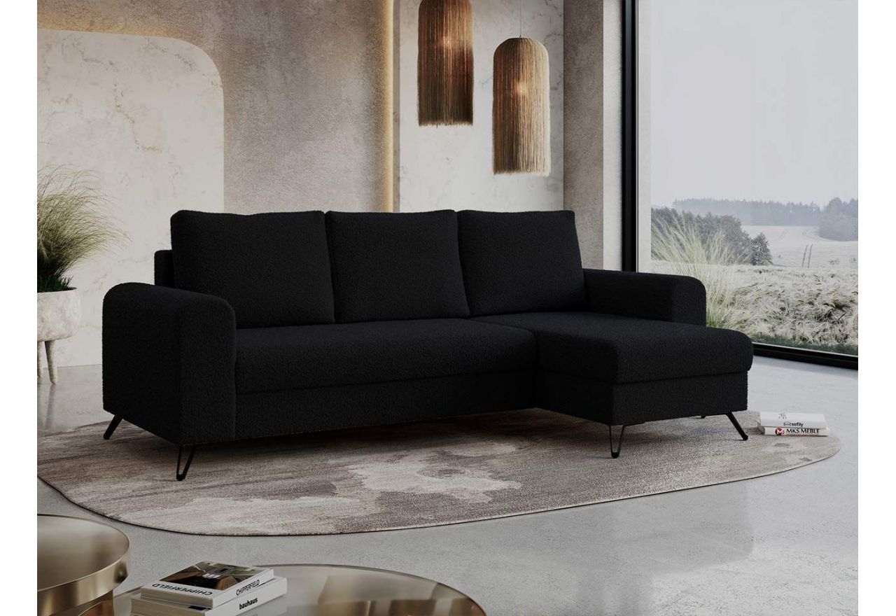 Uniwersalna czarna kanapa narożna z tapicerką typu boucle, HUGO z wbudowaną funkcją spania i dwoma pojemnikami na pościel