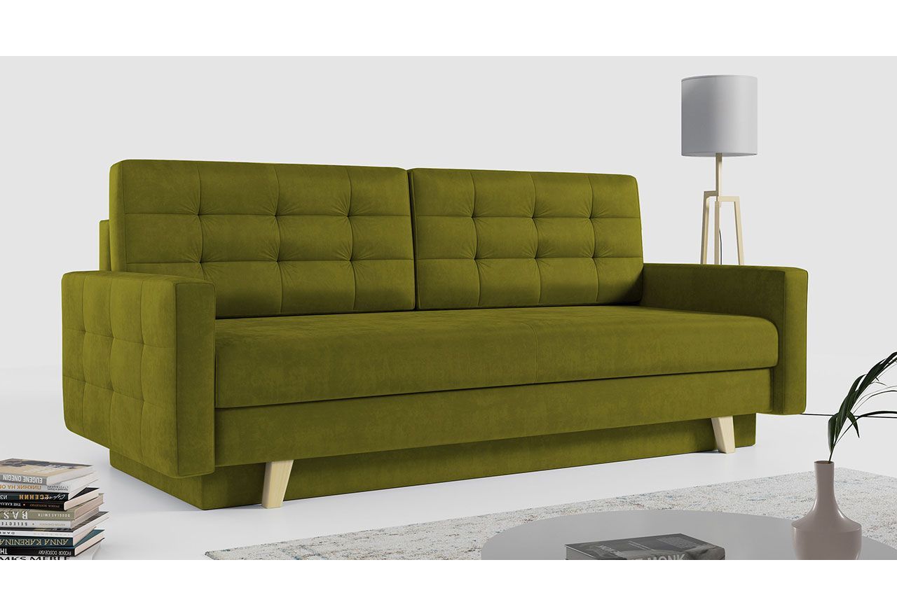 Rozkładana sofa skandynawska 3-osobowa, z pojemnikiem na pościel do salonu, beżowa – FRIGA