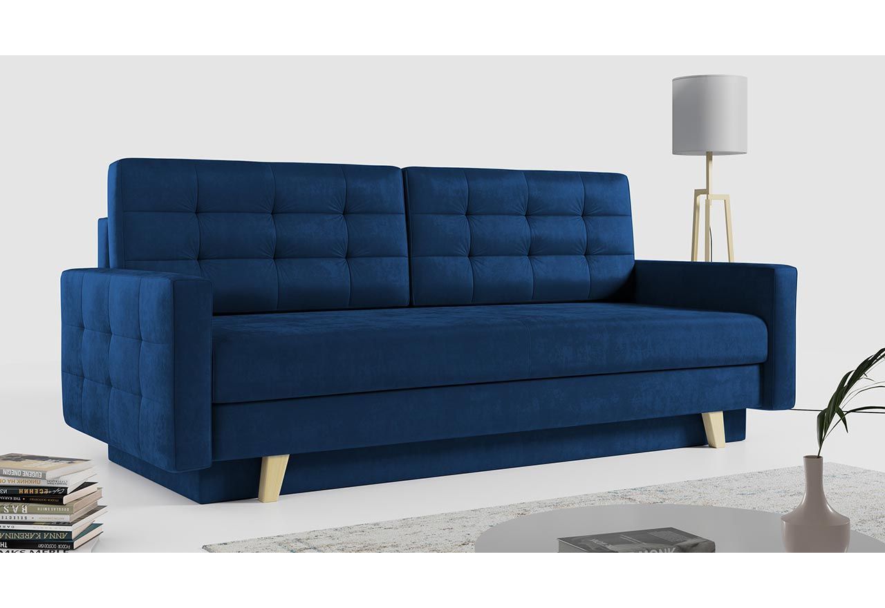 Skandynawska, niebieska sofa, rozkładana kanapa wypoczynkowa z funkcją spania i pojemnikiem na pościel – FRIGA