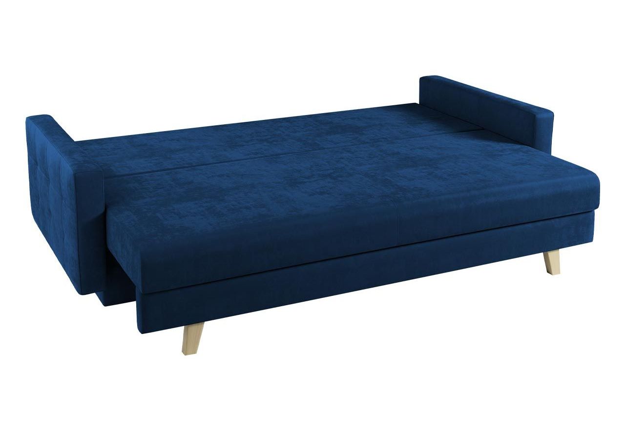 Skandynawska, niebieska sofa, rozkładana kanapa wypoczynkowa z funkcją spania i pojemnikiem na pościel – FRIGA