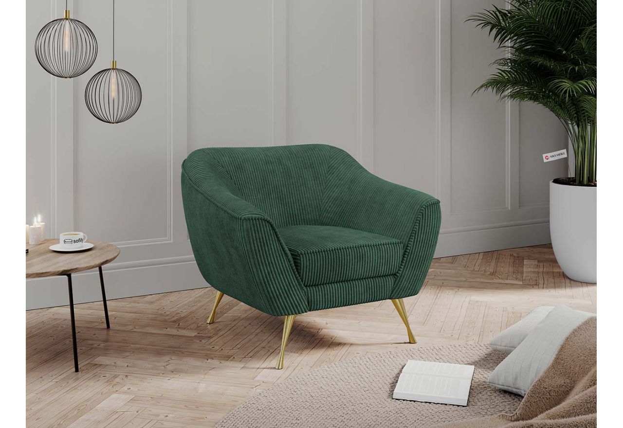 Stylowy, zielony fotel ze sprężynowym siedziskiem i sztruksową tapicerką, LINO 01 na złotych nogach