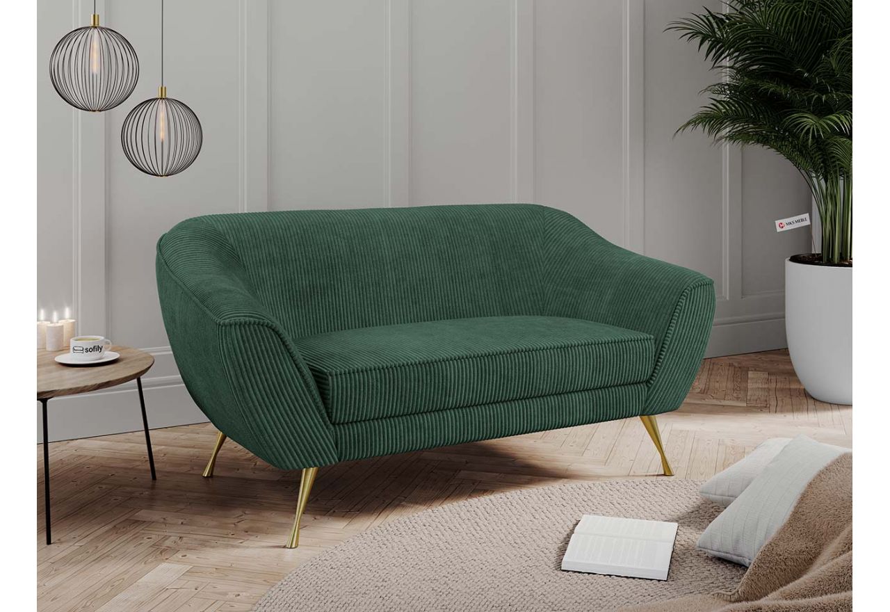 Stylowa sofa wypoczynkowa w zielonym, sztruksowym tapicerowaniu i ze złotymi nogami, LINO 02