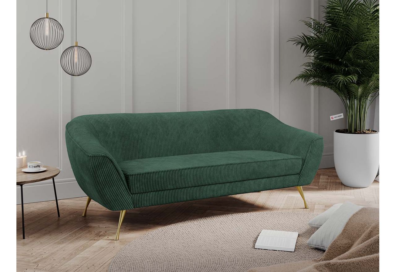 Stylowa, zielona sofa z metalowymi nogami i szerokimi podłokietnikami, LINO 03 sztruksowa