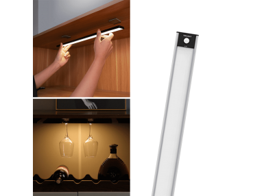 Dodatkowe oświetlenie do szaf - Lampa A60 do szafy, z czujnikiem ruchu, aluminiową, srebrną obudową i pojemną baterią, 60 cm