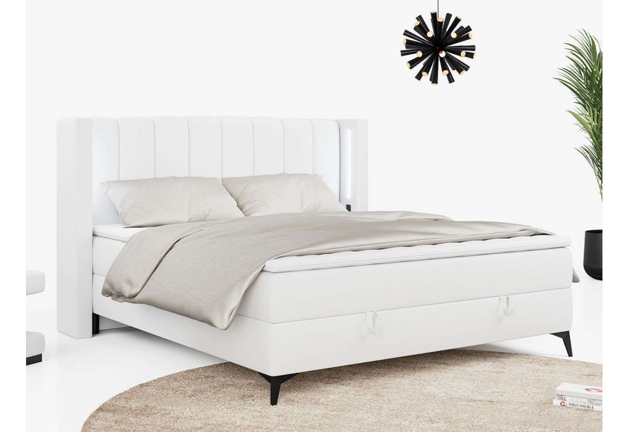 Dwuosobowe, szerokie łóżko kontynentalne w białej ecoskórze i z oświetleniem LED w wezgłowiu, FAROS 200x200