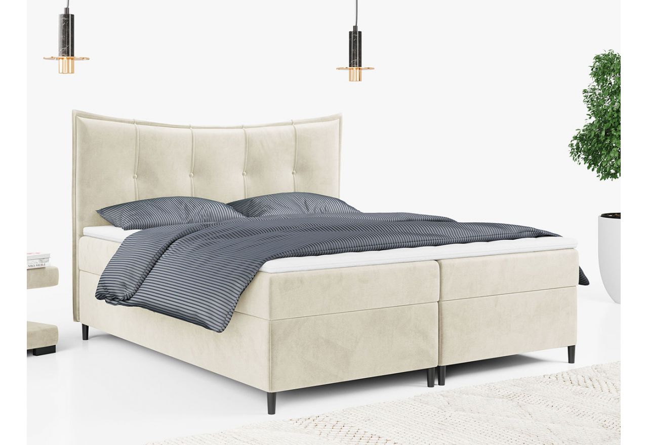 Podwójne łóżko kontynentalne z wysokim wezgłowiem i materacem - BERNATE 200x200 beżowy welwet MONOLITH 2590 - OUTLET