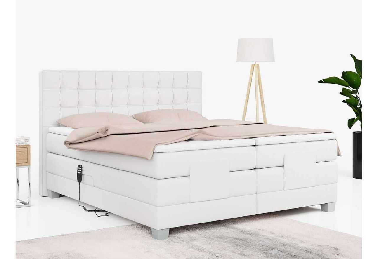 Elektrycznie sterowane łóżko kontynentalne z trzema materacami i wysokim wezgłowiem ELEKTRO biała ecoskóra 140x200