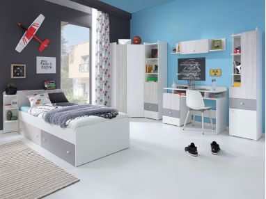 Zestaw mebli młodzieżowych z szafą narożną i łóżkiem 90x200 - COSMO B Biały lux / Dąb Wilton biały / szary