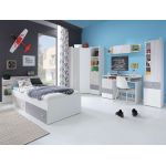 Zestaw mebli młodzieżowych z szafą narożną i łóżkiem 90x200 - COSMO B Biały lux / Dąb Wilton biały / szary