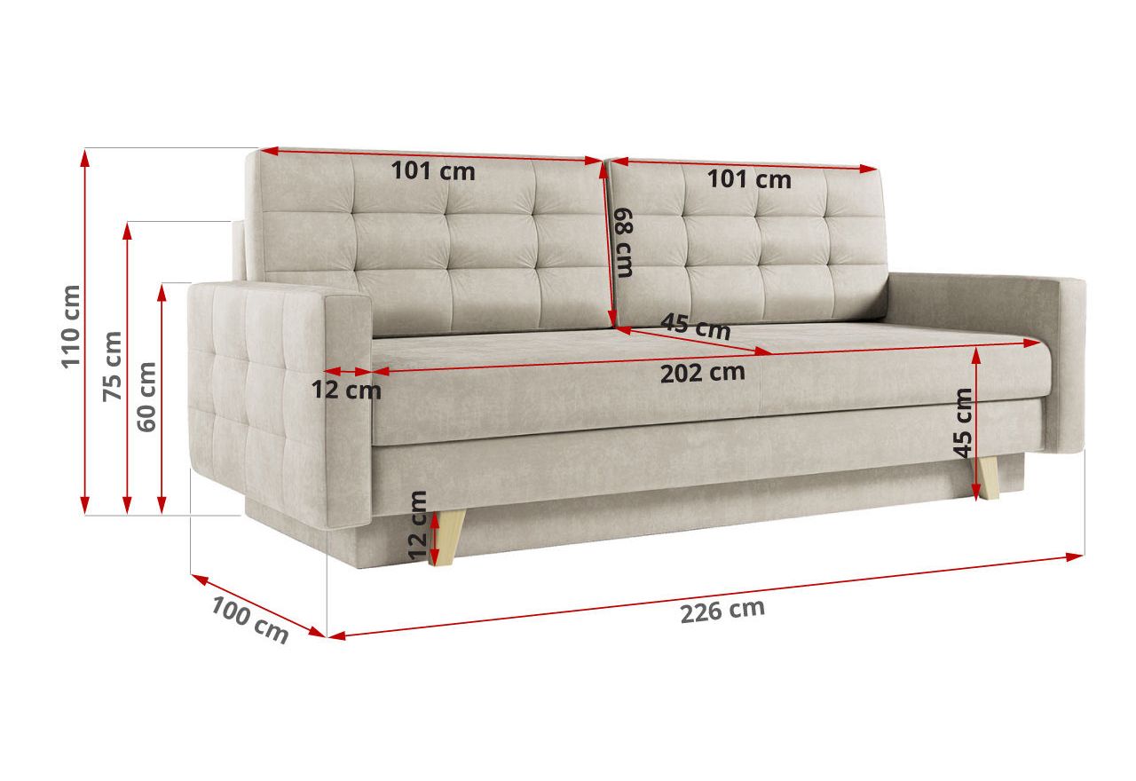 Rozkładana sofa skandynawska 3-osobowa, z pojemnikiem na pościel do salonu, beżowa – FRIGA