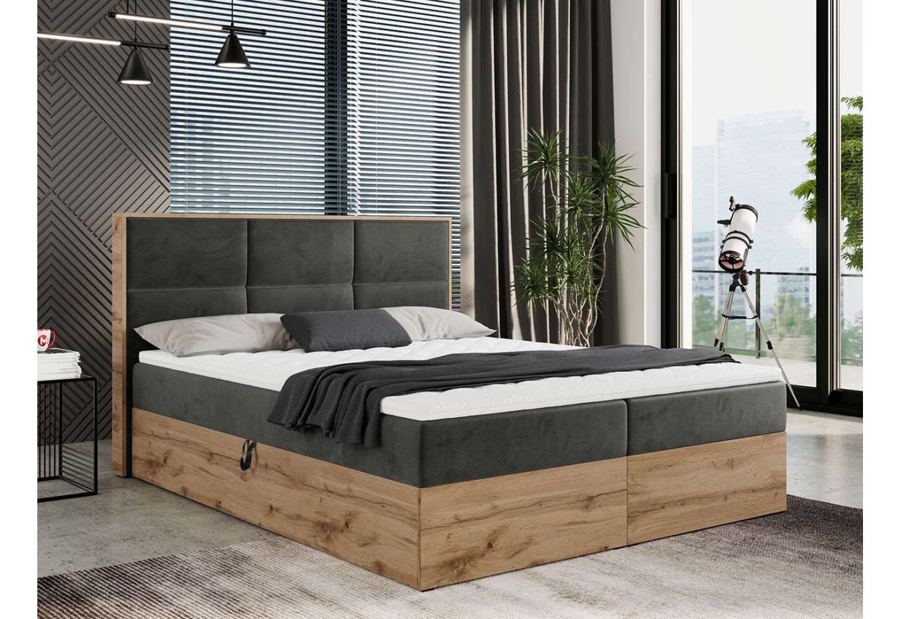 Komfortowe łóżko kontynentalne z dwoma materacami i wysokim tapicerowanym wezgłowiem - ALBERO 2 120x200 szary