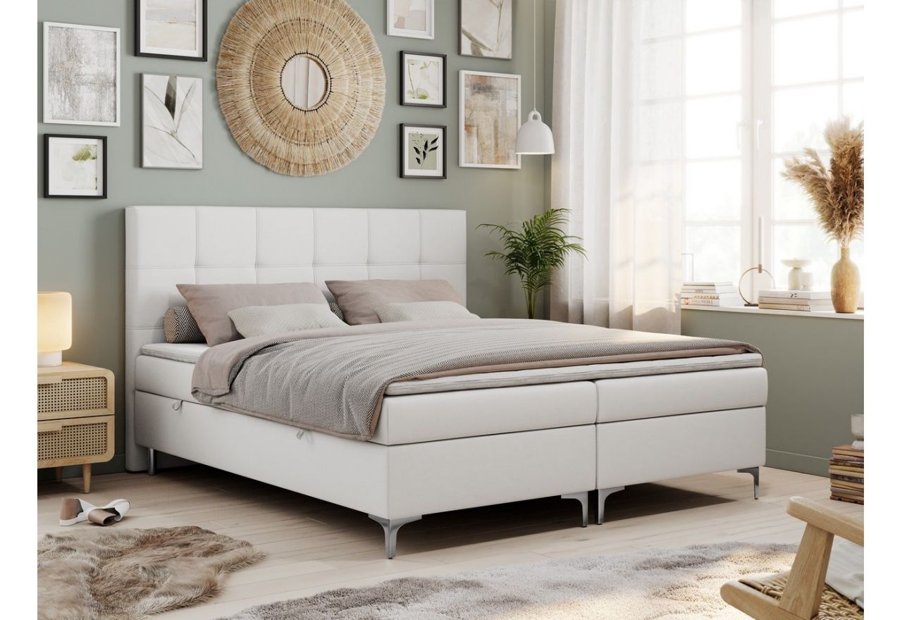 Stylowe łóżko kontynentalne w tapicerce z białej ecoskóry, SIMON, dwuosobowe, z pojemnikiem na pościel, 140x200