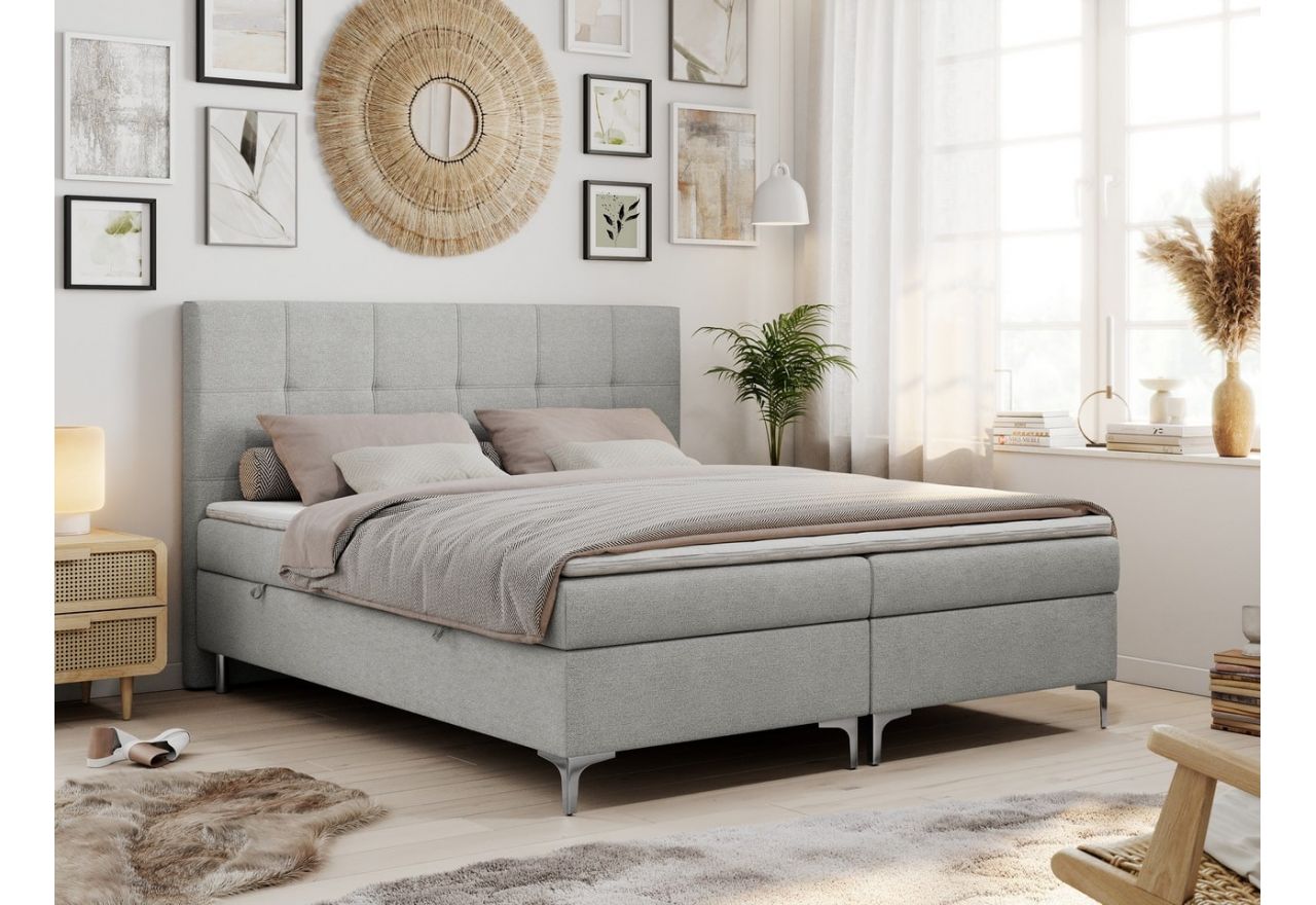 Szare łóżko kontynentalne ze srebrnymi nogami, topperem i materacem sprężynowym, SIMON 160x200 z plecionkową tapicerką