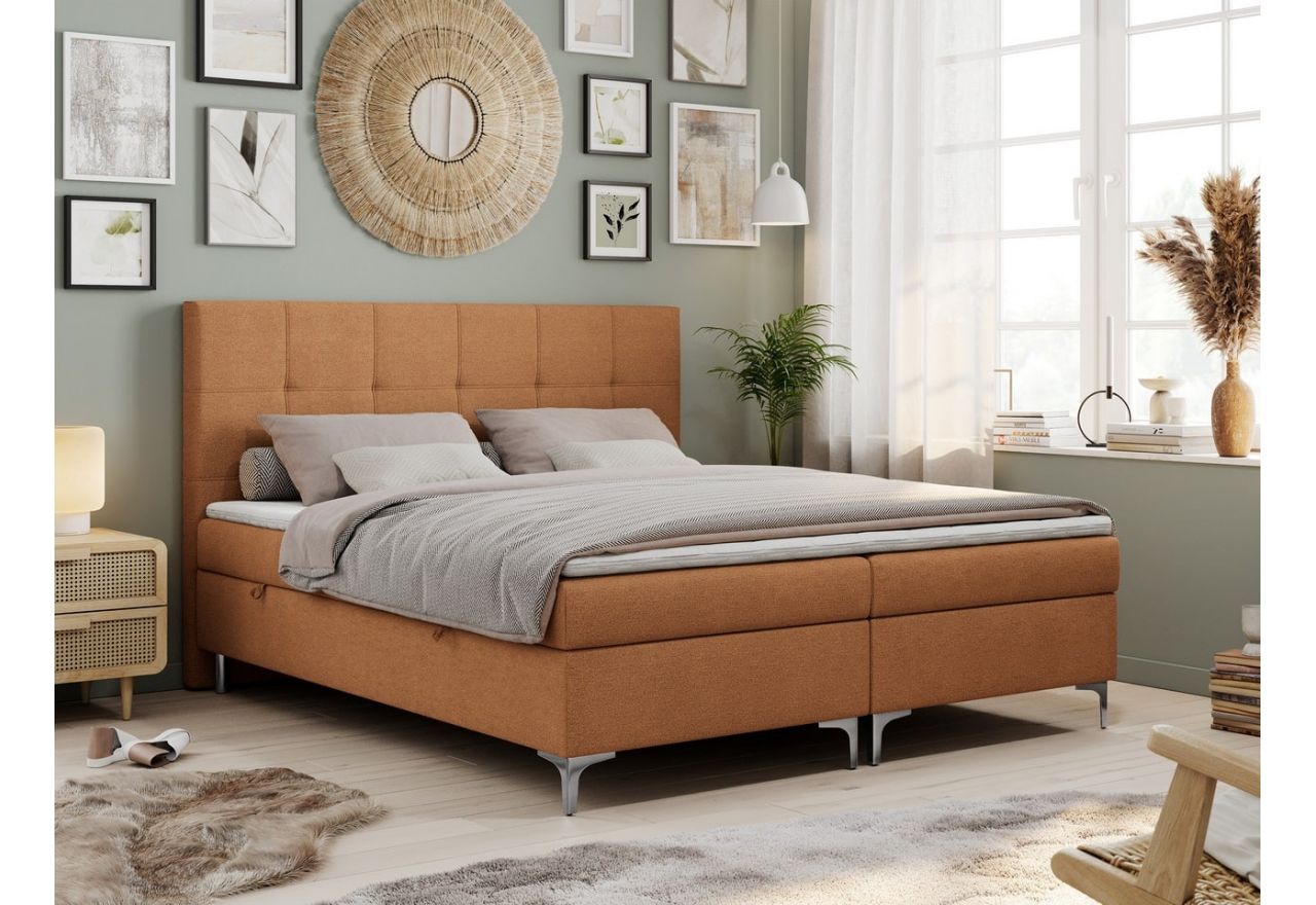 Stylowe pomarańczowe łóżko kontynentalne SIMON z topperem, pojemnikiem na pościel i plecionkową tapicerką, 140x200
