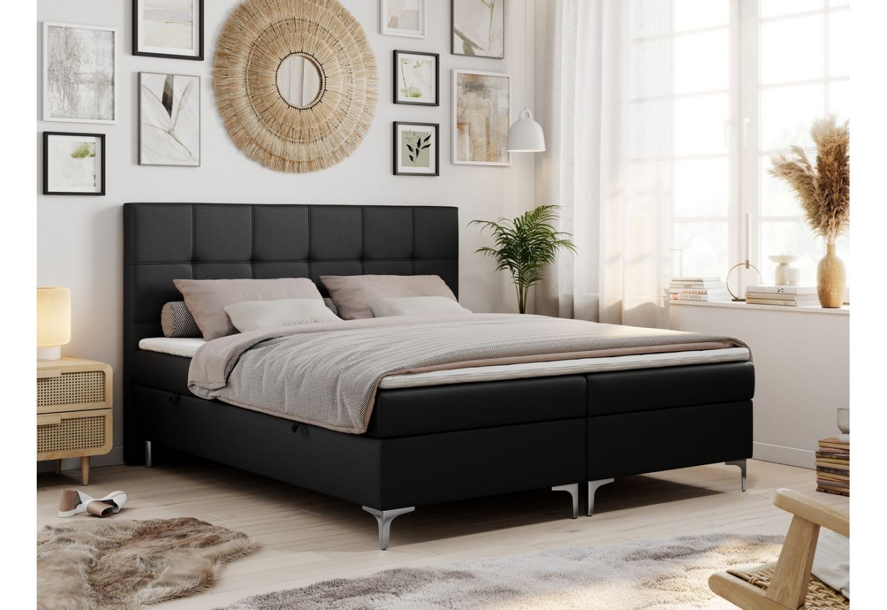 Tapicerowane czarną ecoskórą łóżko kontynentalne z wysokim wezgłowiem i dwoma materacami, SIMON 160x200