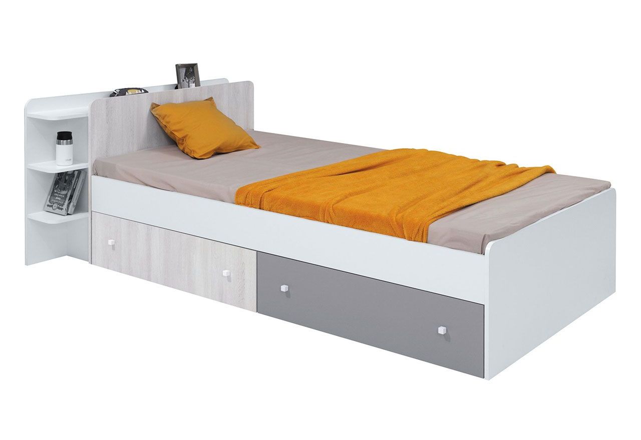 Łóżko jednoosobowe z pojemnikiem na pościel do pokoju młodzieżowego - COSMO Biały lux / Dąb Wilton biały / szary