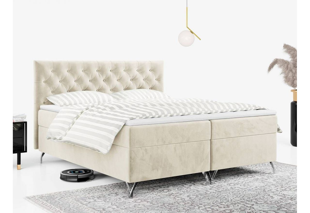Pikowane łóżko kontynentalne z welwetową, beżową tapicerką i sprężynowym materacem, GRIMALDI 200x200 na metalowych nogach