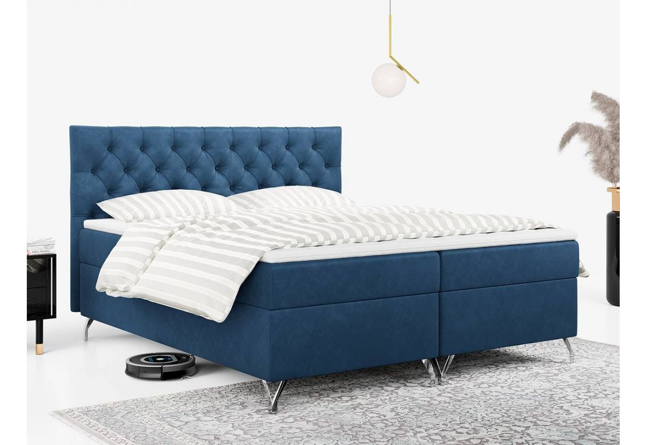 Pikowane niebieskie łóżko kontynentalne z dwoma materacami, pojemnikiem i wysokim wezgłowiem, GRIMALDI 140x200