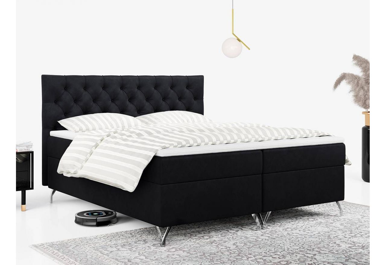 Czarne, welurowe łóżko kontynentalne wyposażone w dwa materace i wysokie, metalowe nóżki, GRIMALDI 120x200