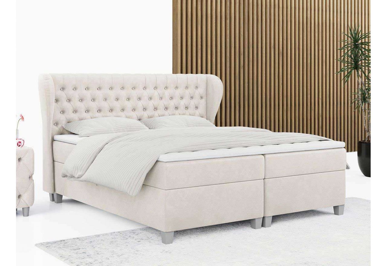 Beżowe łóżko kontynentalne ze stylowym wezgłowiem i wygodnym sprężynowym materacem, BURLONE 160x200 w welurowej tkaninie