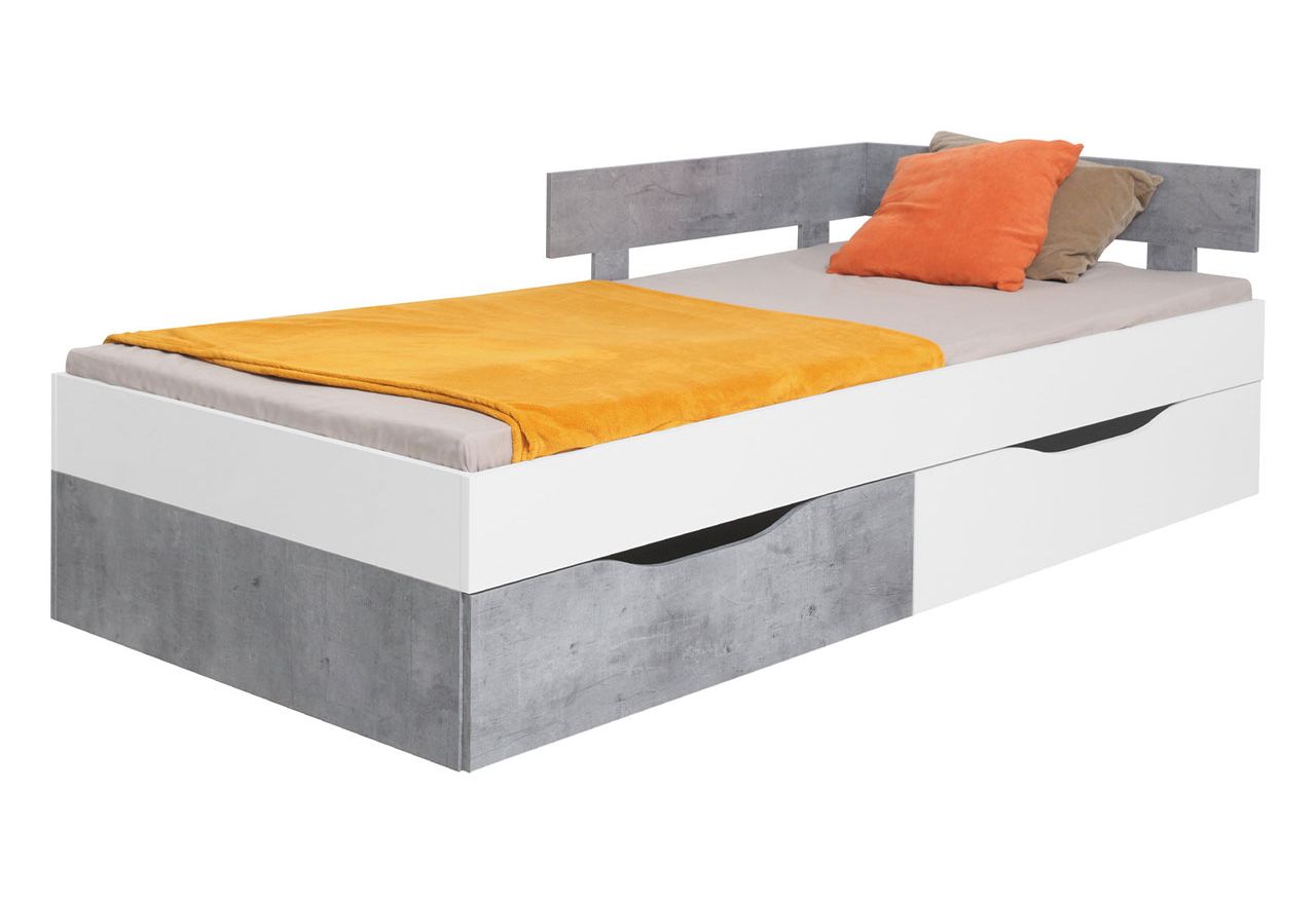 Łóżko pojedyncze 120x200 cm z szufladami do pokoju dziecięcego, w kolorze białym z elementami betonu - SILVA