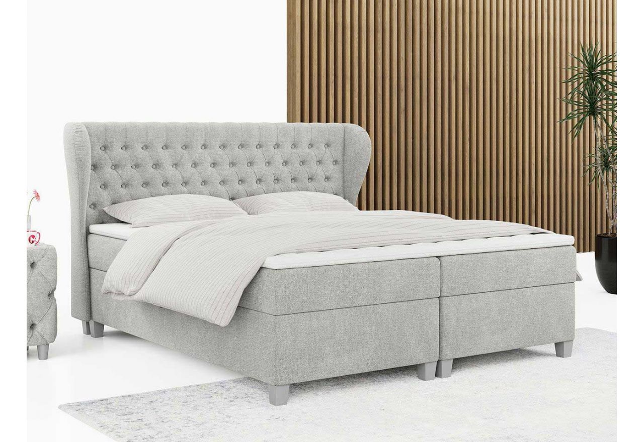 Wysokie łóżko kontynentalne z pikowanym wezgłowiem i dwoma materacami w standardzie, BURLONE 120x200 szara plecionka