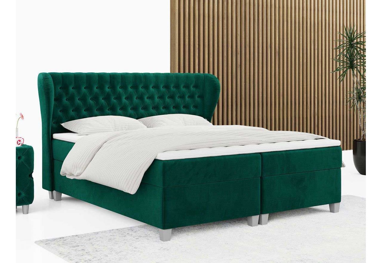 Piękne, pikowane łóżko kontynentalne z bogatym wezgłowiem i dwoma materacami, BURLONE 140x200, butelkowozielony welwet