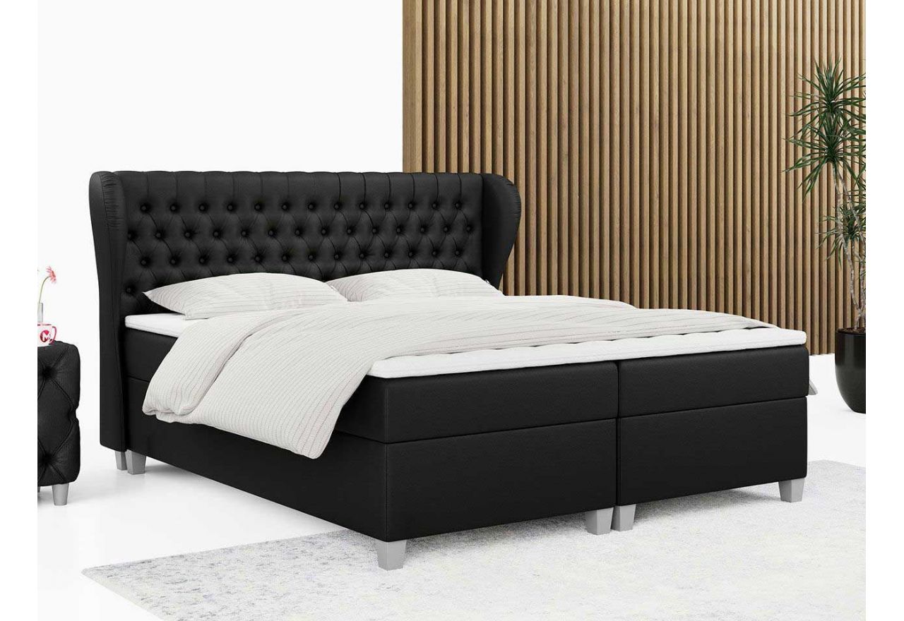Łóżko kontynentalne BURLONE 200x200 do dużej sypialni, wyposażone w dwa materace i pojemnik, czarna ecoskóra