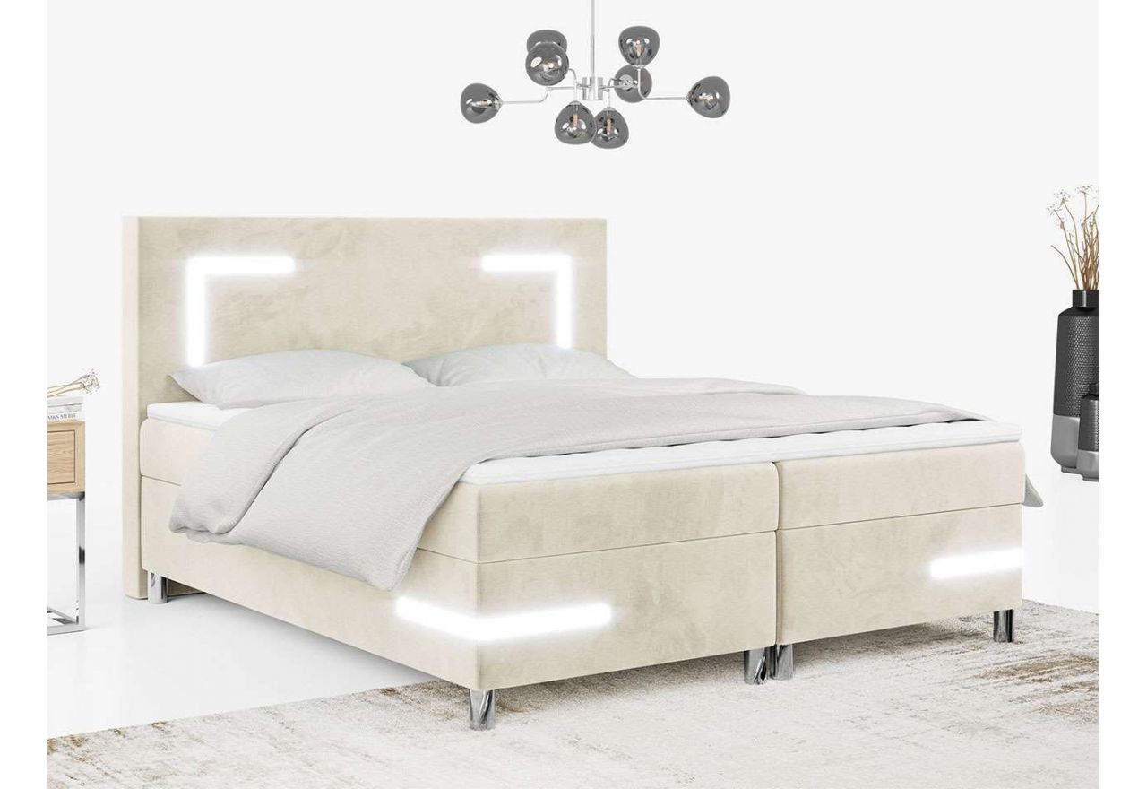 Beżowe łóżko w welwetowej tkaninie, DEMONTE z pojemnikiem i oświetleniem LED w zagłowiu 120x200