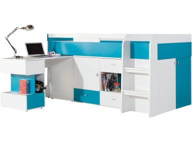 Łóżko jednoosobowe 90x200 cm z wysuwanym biurkiem do pokoju młodzieżowego - MODES Biały Lux / Turkus