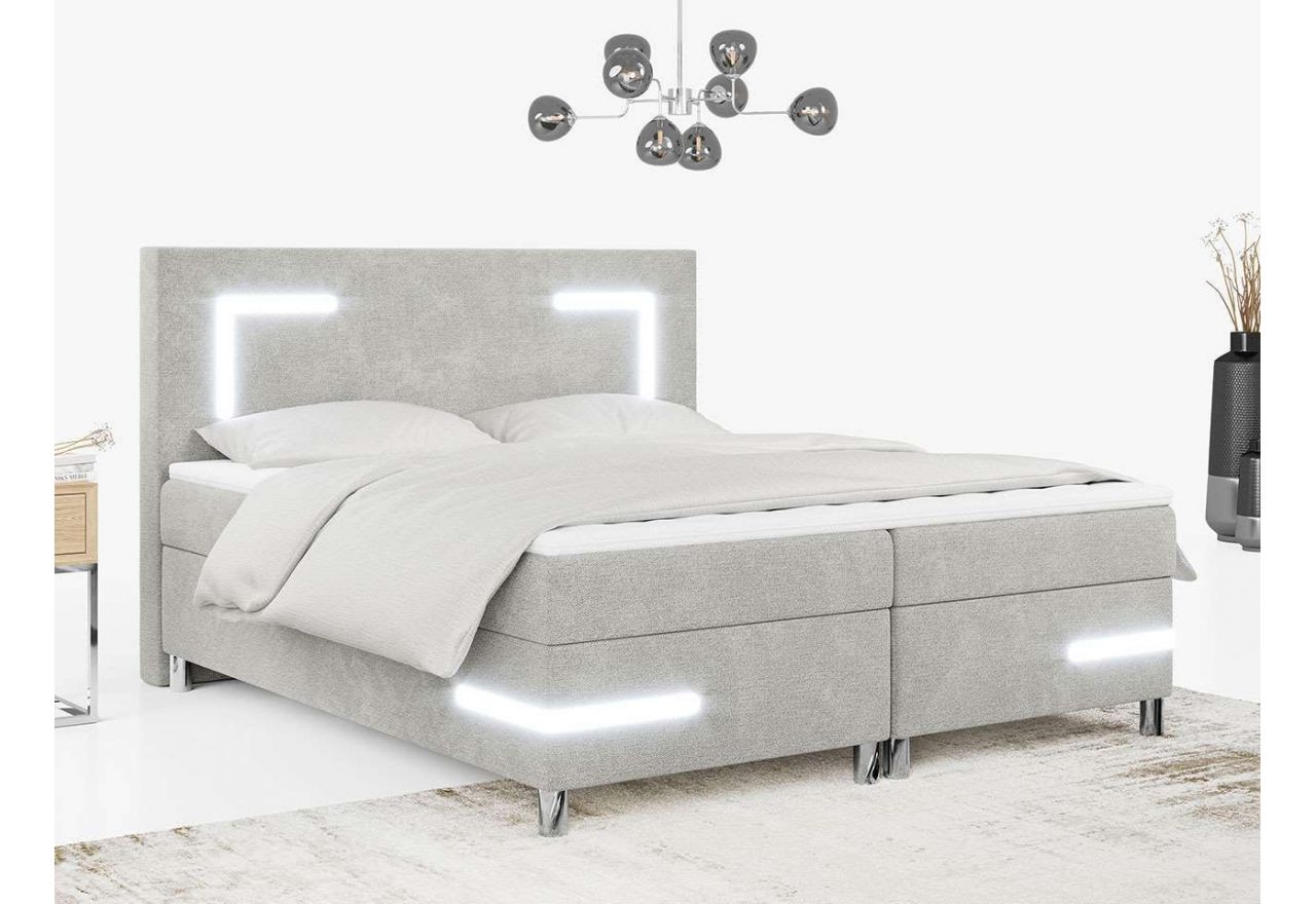 Stylowe łóżko kontynentalne z dwoma materacami i oświetleniem LED, DEMONTE w szarej, plecionkowej tapicerce, 160x200