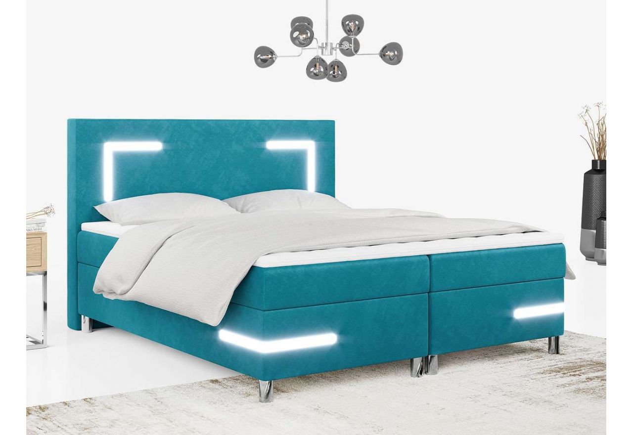 Turkusowe łóżko kontynentalne DEMONTE w welurowej tapicerce i ze stylowym oświetleniem LED, 160x200