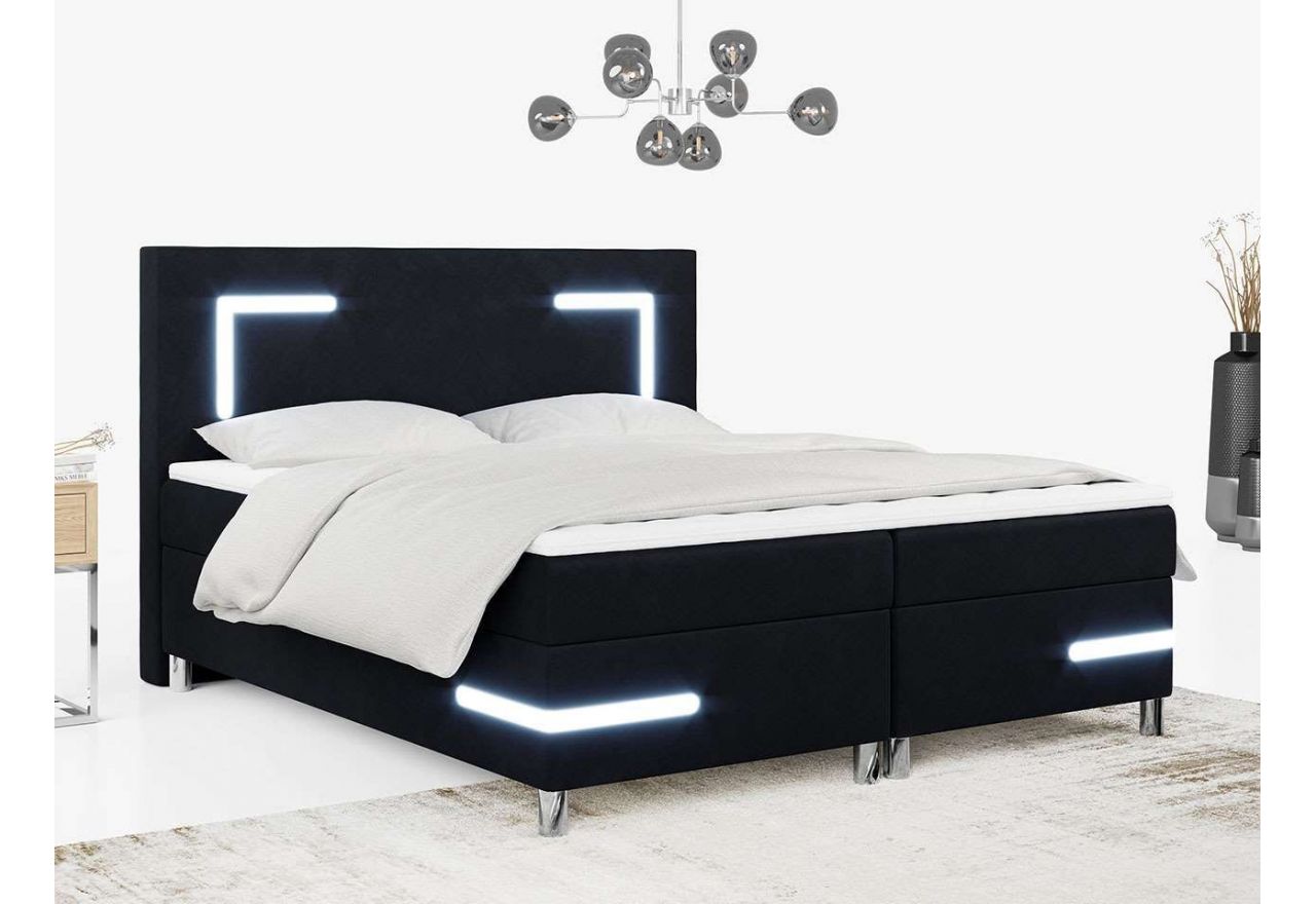 Wyposażone w oświetlenie LED i pojemnik na pościel, czarne łóżko kontynentalne DEMONTE 140x200, welur