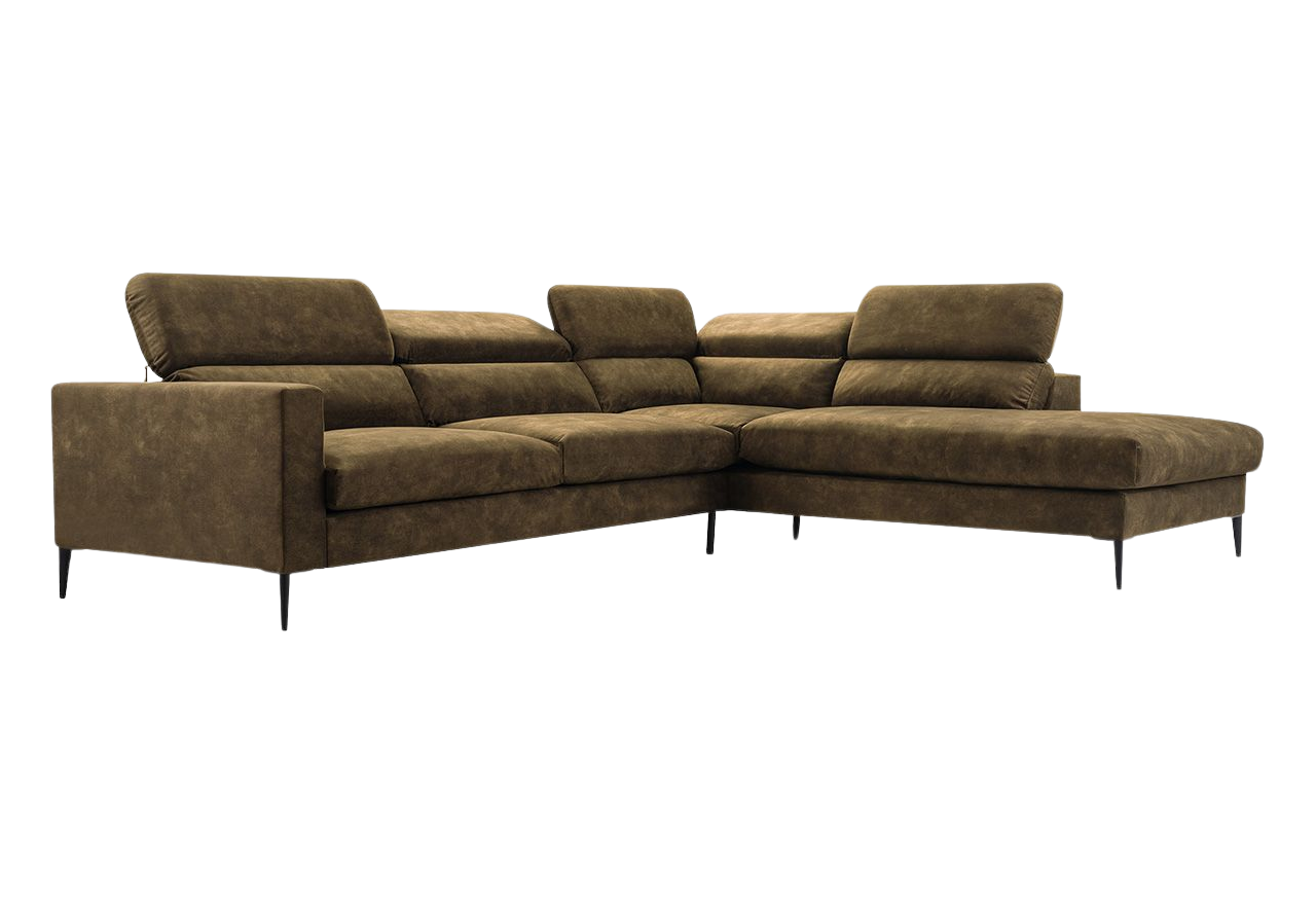 Oliwkowy narożnik z regulowanymi zagłówkami i welurową tapicerką GESSO do salonu, wolnostojący - OUTLET