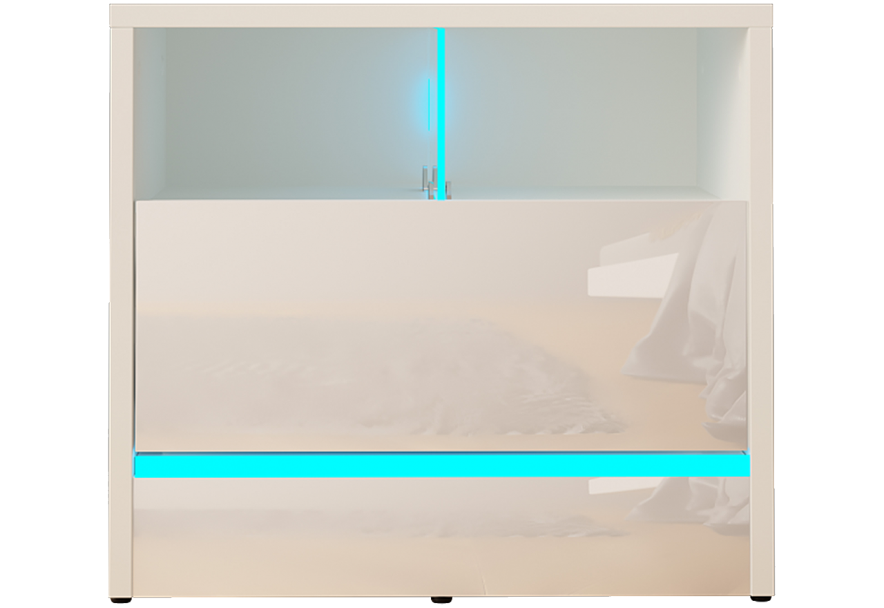 Biały nowoczesny stolik nocny do sypialni, z szufladą i oświetleniem LED - DONNA 3