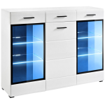 Przeszklona komoda 150 cm z szufladą i czarnymi uchwytami do salonu - LIGHT HB Biały połysk / Biały mat