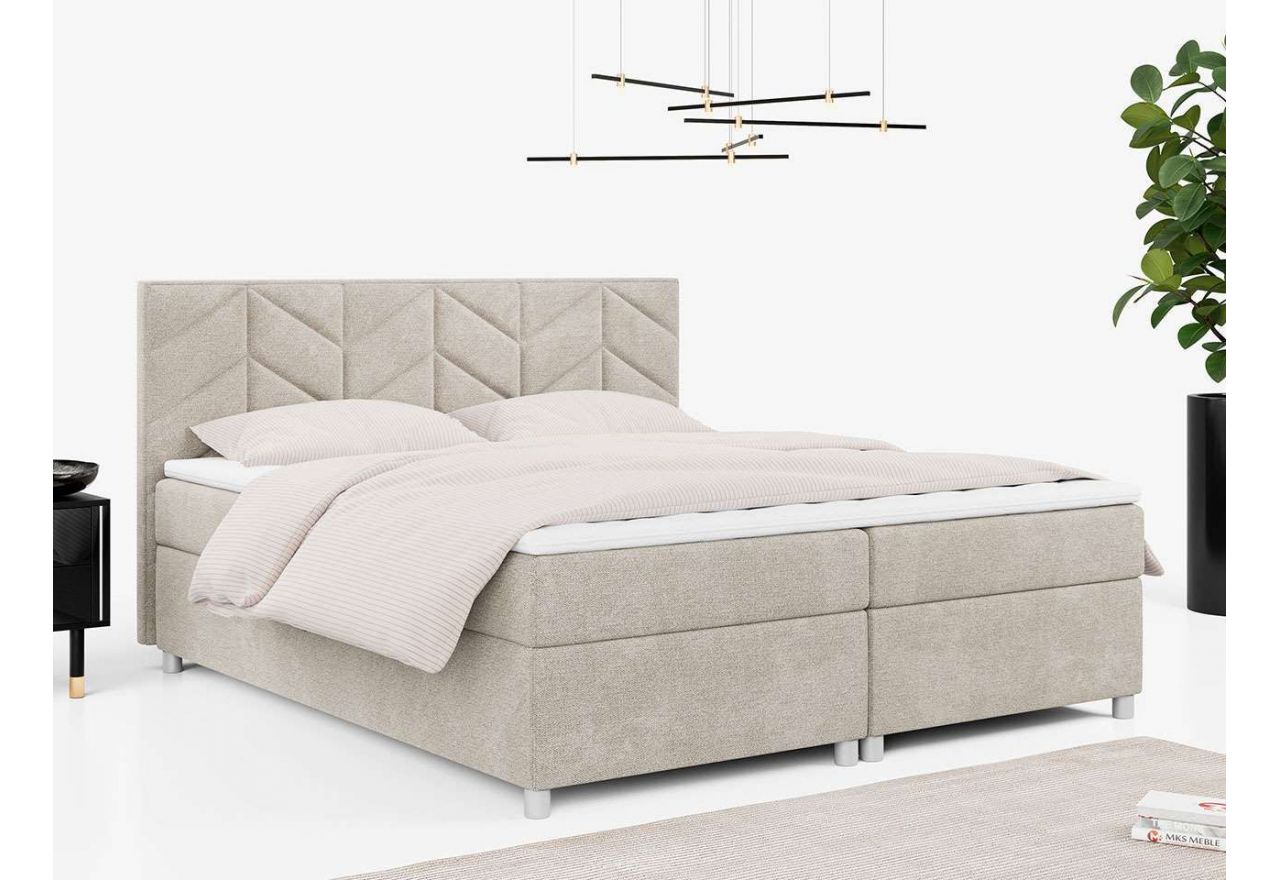 Beżowe łóżko kontynentalne w plecionkowej tapicerce i z wysokim wezgłowiem PINO 120x200 dwuosobowe